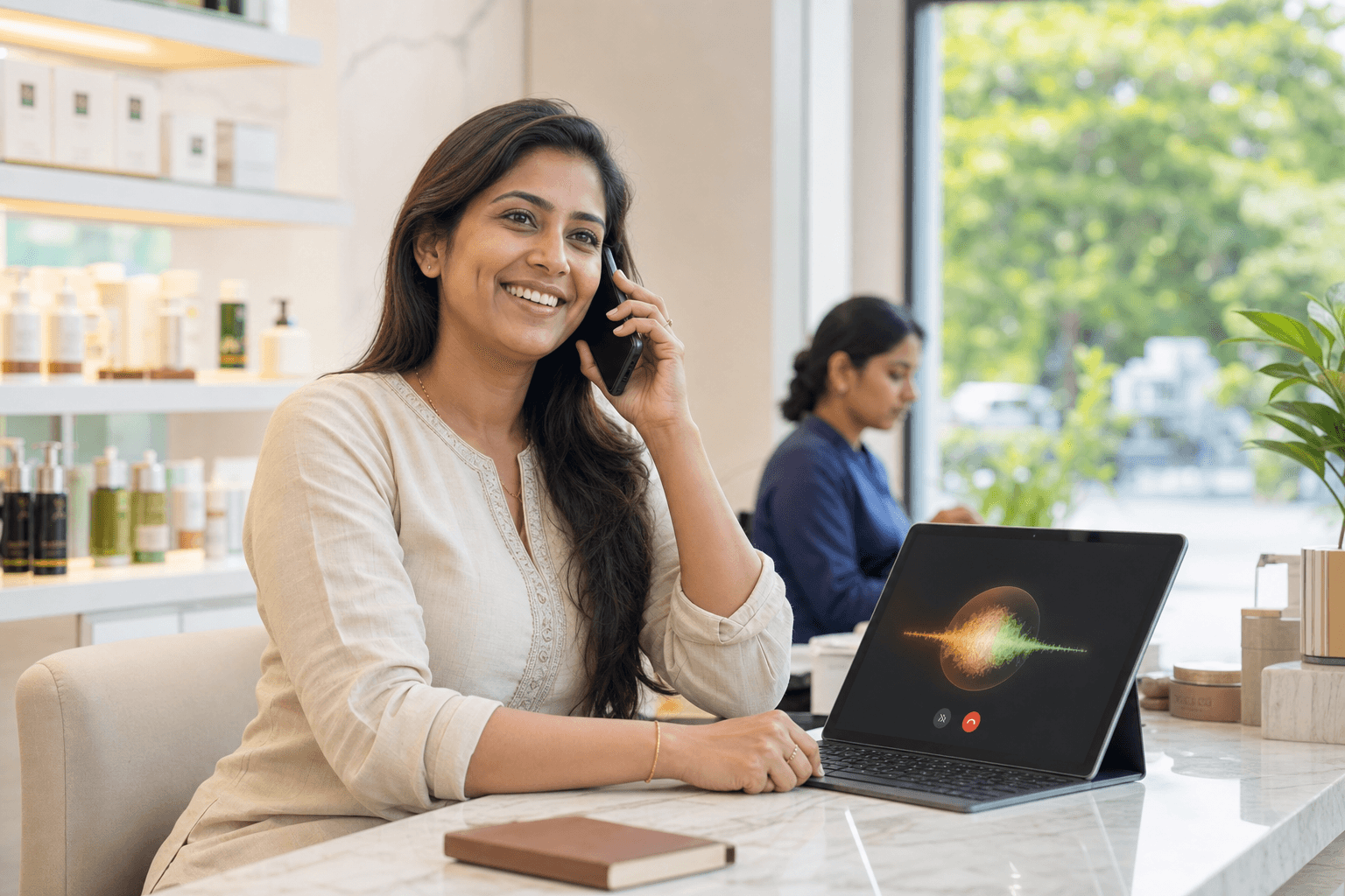 Happy business owner resolving customer questions in real time with a SupaVoices AI voice receptionist